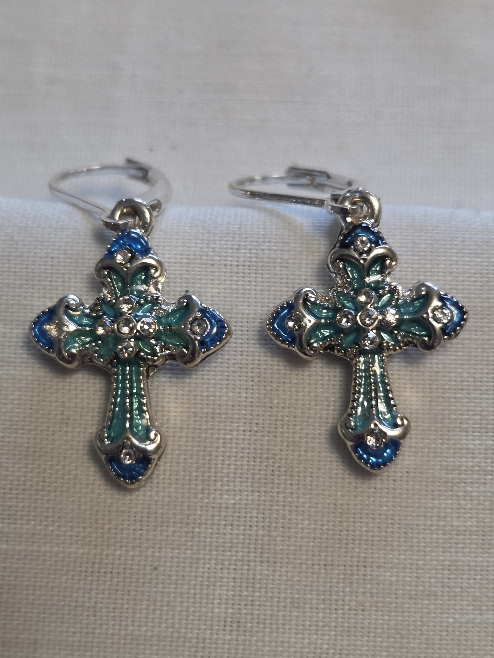 Napier Silver-Tone Teal & Blue Cross Drop Earrings